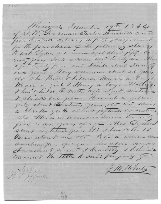 Receipt for $12,500 for slave purchase, 1854-12-19. Creator: Unknown.