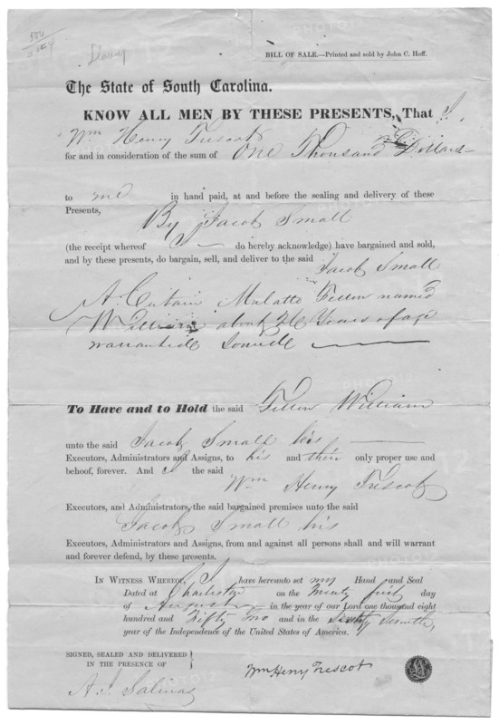 Bill of sale for mulatto man for $1000, 1800-1865.  Creator: Unknown.