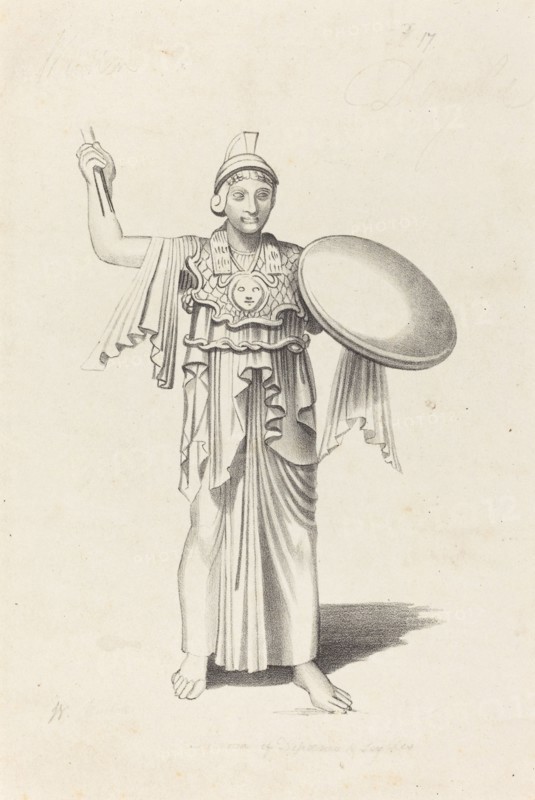 Minerva, From a Bronze by Daedalus, published 1829. Creator: W Walton.