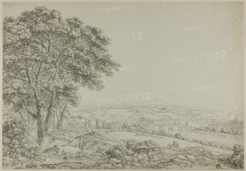 Wooded Pond with Bathing Figures, Vista of River Bridge, and Farms, n.d.