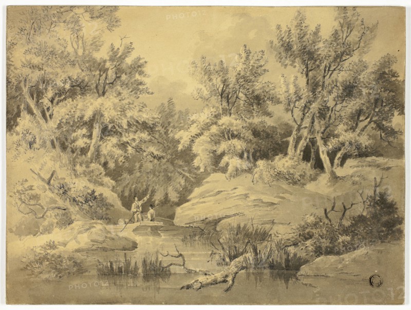 Two Figures Punting on Woodland Stream, n.d. Creator: William Henry Pyne.
