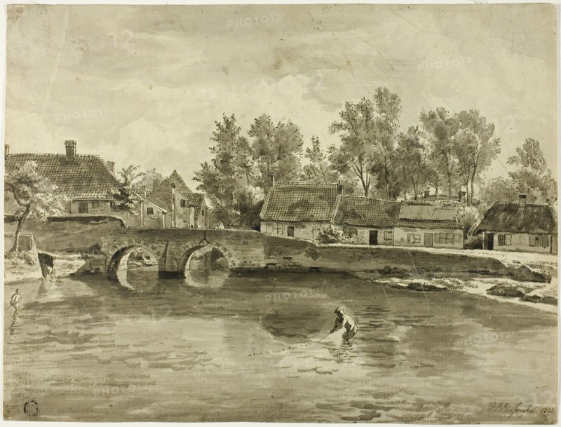 Man Fishing in River Near Village, 1832. Creator: Jan Baptiste de Jonghe.