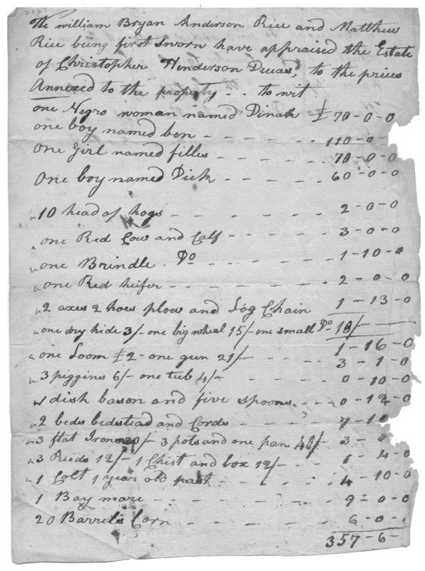 List of slaves, animals, etc and values for each, 1807. Creator: Unknown.
