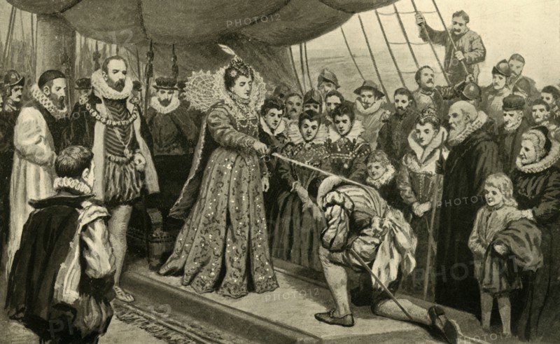'Queen Elizabeth Knighting Sir Francis Drake', (1902).  Creator: Unknown.