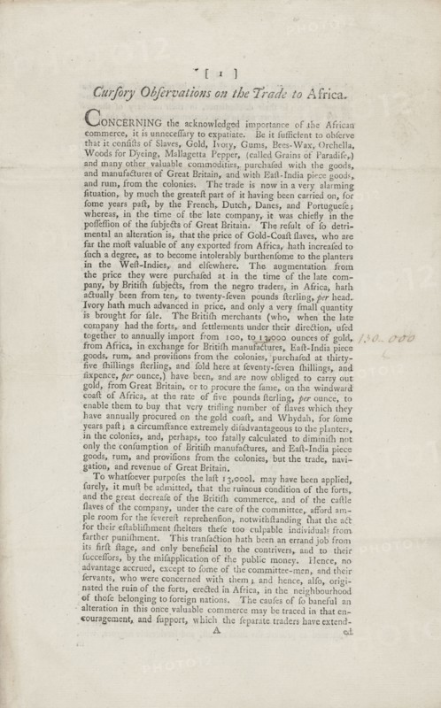 Cursory Observations on the Trade to Africa, 1778-05-04. Creator: Unknown.