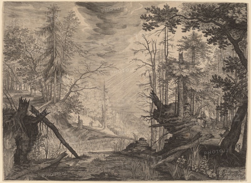 Three Hunters and Two Dogs near a Pool, 1609. Creator: Aegidius Sadeler II.
