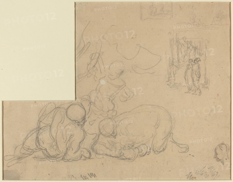 Sheet of Studies with Two Large Men on the Ground. Creator: Honore Daumier.