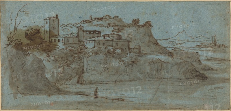 Village atop a River Cliff [recto]. Creator: Master of the Blue Landscapes.