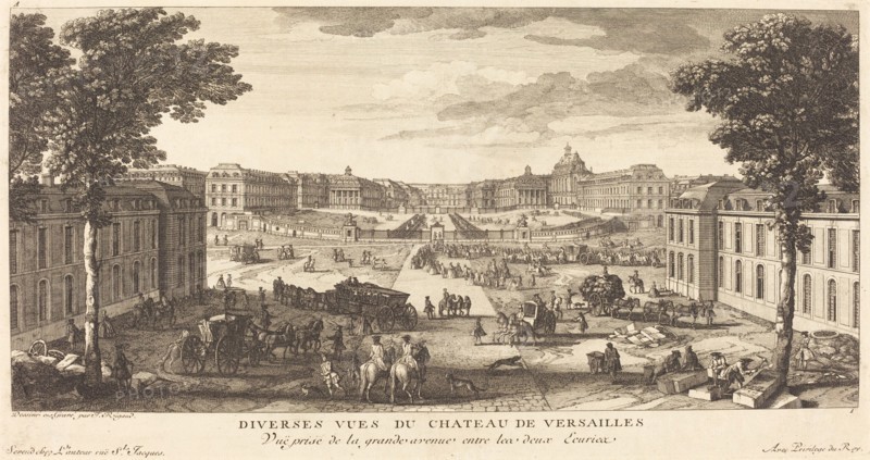 Vue Prise de la grande avenue entre les deux Ecuries. Creator: Jacques Rigaud.