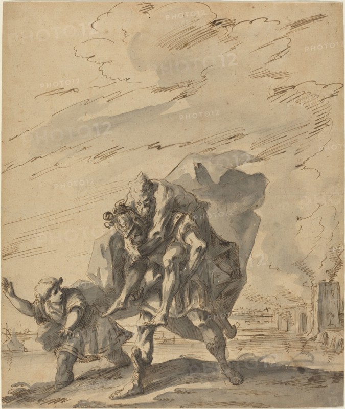 Aeneas Carrying Anchises from Burning Troy, c. 1733. Creator: Gaspare Diziani.