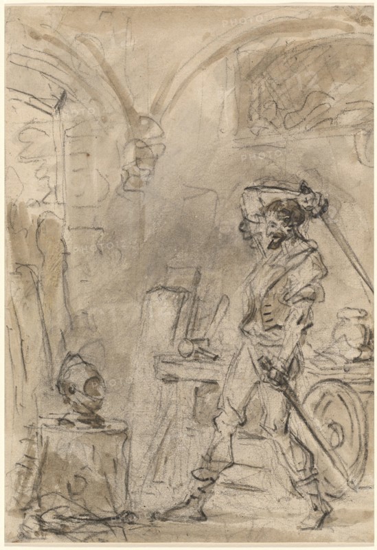 Don Quixote about to Strike the Helmet, 1780s. Creator: Jean-Honore Fragonard.