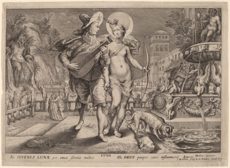 Diana as Luna Accompanying a Young Man Serenading, 1615. Creator: Jacob Matham.