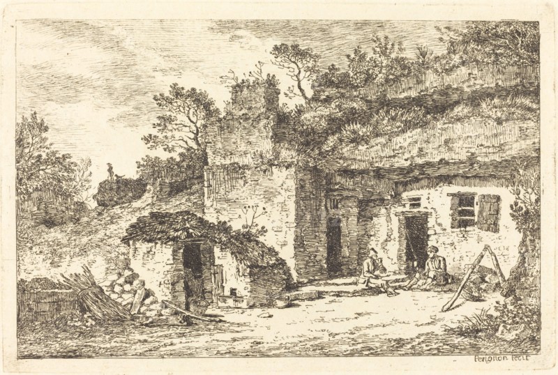 A Cottage with Two Men Seated at the Doorway, c. 1770. Creator: Nicolas Perignon.