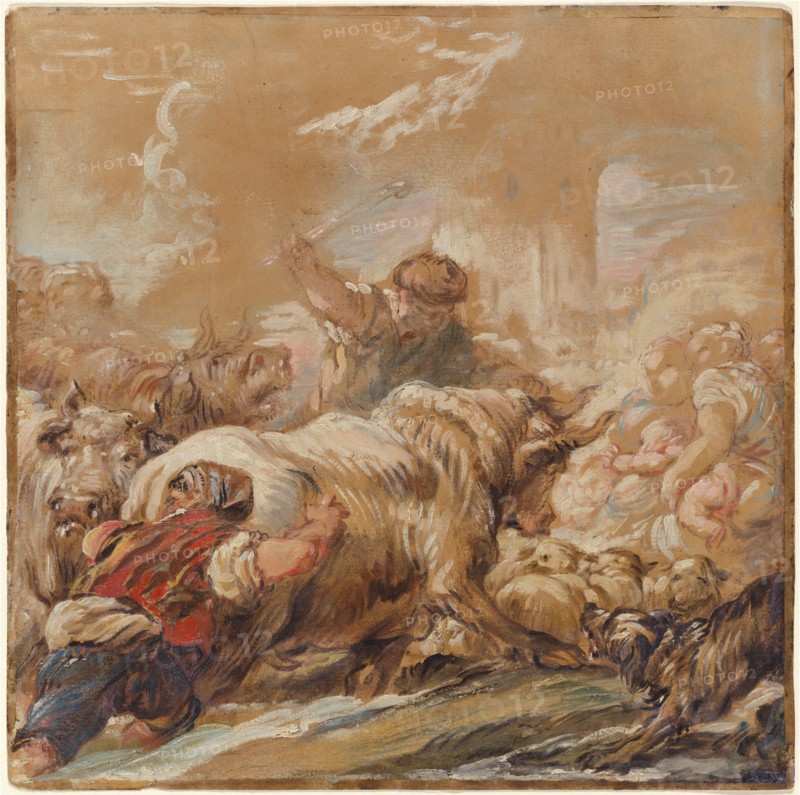 Herdsmen Driving Cattle across a Stream, c. 1760. Creator: Jean-Baptiste Deshays.