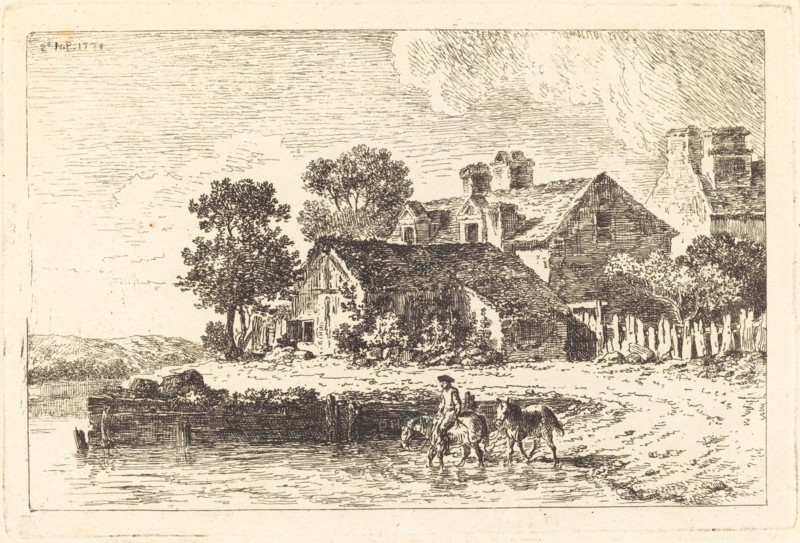 Horses Being Led to Water on a Winding Riverbank, 1771. Creator: Nicolas Perignon.