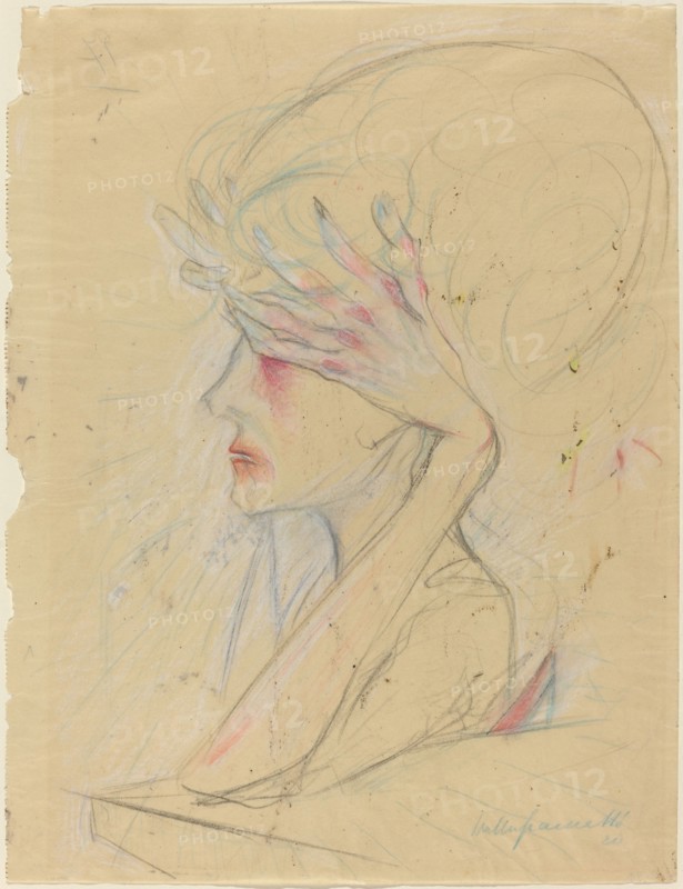 An Elegant Woman with Her Hands Covering Her Eyes, 1920. Creator: Walter Gramatté.