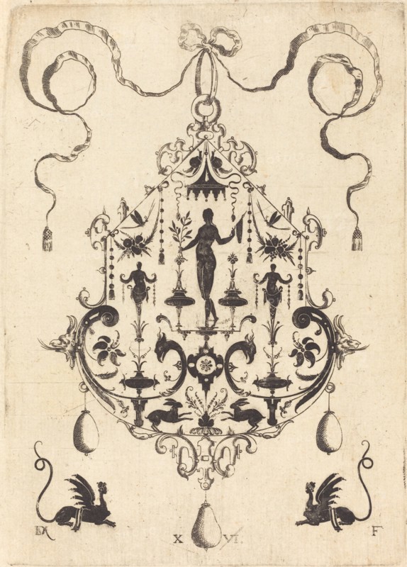 Large Pendant, Victory Flanked by Two Herms at Centre, 1596. Creator: Daniel Mignot.