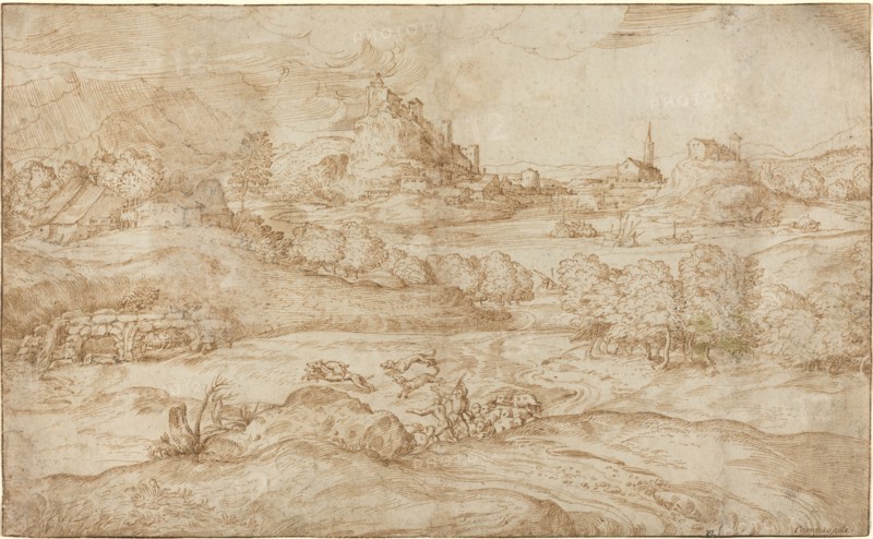 Landscape with Shepherds Driving Away a Wolf, c. 1540. Creator: Domenico Campagnola.