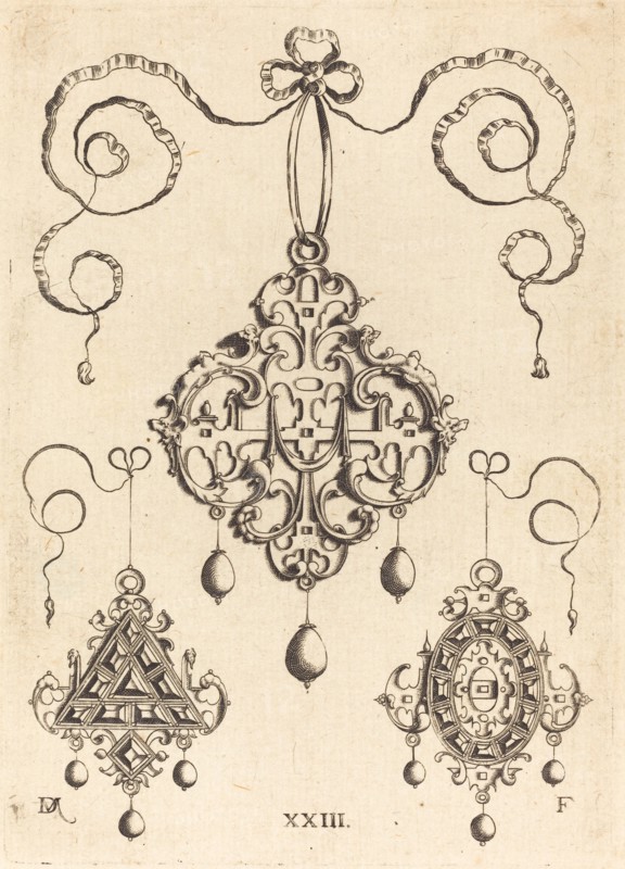 Three Strapwork Pendants, The Lower Ones Triangular and Oval. Creator: Daniel Mignot.