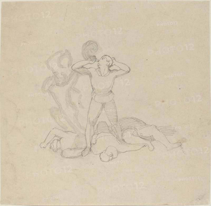 Figure Standing over Corpses, Blowing a Horn, in or after 1795. Creator: John Flaxman.