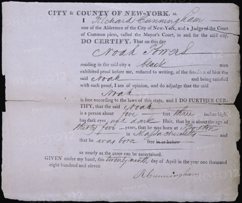 Freedom paper for Noah Powers, an African-American man, 1811-04-29.  Creator: Unknown.