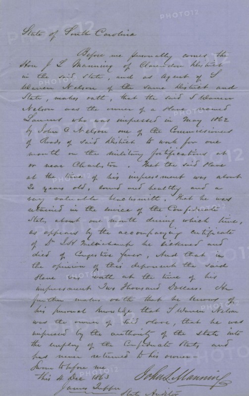 Owner's proof on claim for slave lost in public service, 1863-12-04. Creator: Unknown.