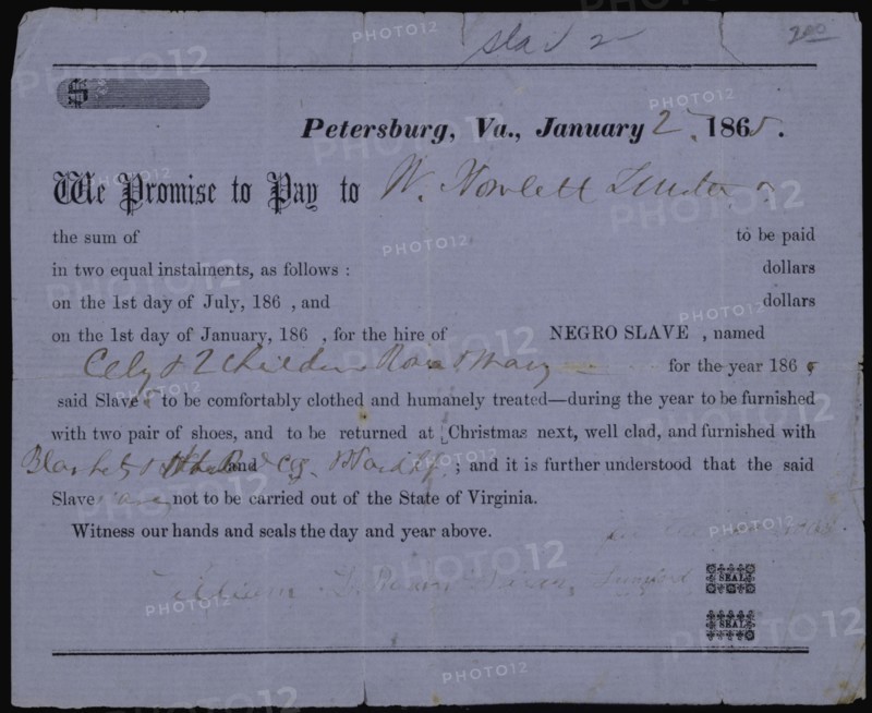 Promissory note for hire of slave Cely and two children, 1865-01-02. Creator: Unknown.