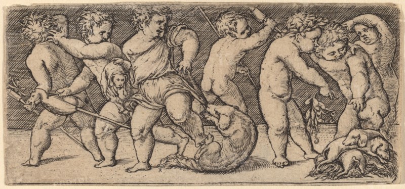 Children Playing with a Bitch and Three Young Dogs. Creator: Master of the Horse Heads.