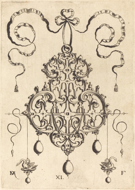 Strapwork Pendant with Two Swans as Earrings at Left and Right. Creator: Daniel Mignot.