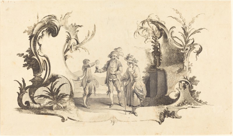 Cartouche Moderne with a Young Couple Being Served Wine. Creator: Johann Esaias Nilson.