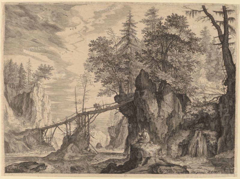 Draughtsman on a Stone before a Bridge, probably c. 1609. Creator: Aegidius Sadeler II.