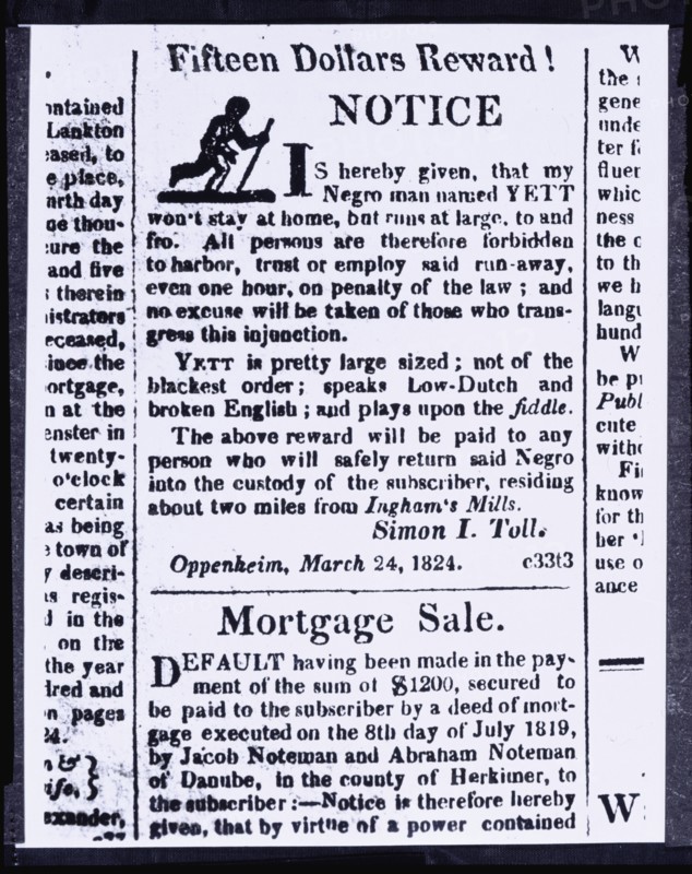 Reward notice for bilingual runaway slave, Oppenheim, New York, 1824. Creator: Unknown.
