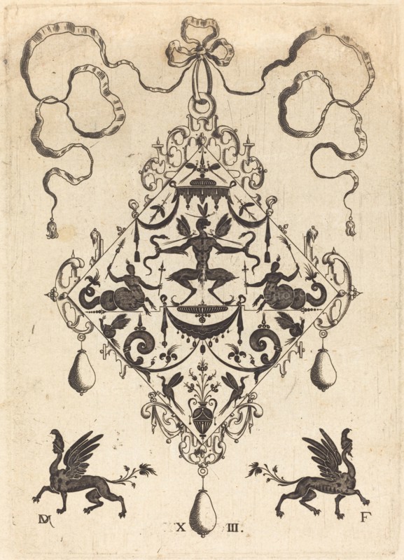 Large Pendant, Winged Fantasy Creature Holding Two Snakes, 1596. Creator: Daniel Mignot.