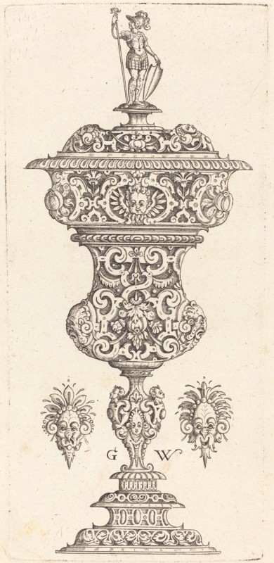 Goblet with lid surmounted by a Roman soldier, published 1579. Creator: Georg Wechter I.