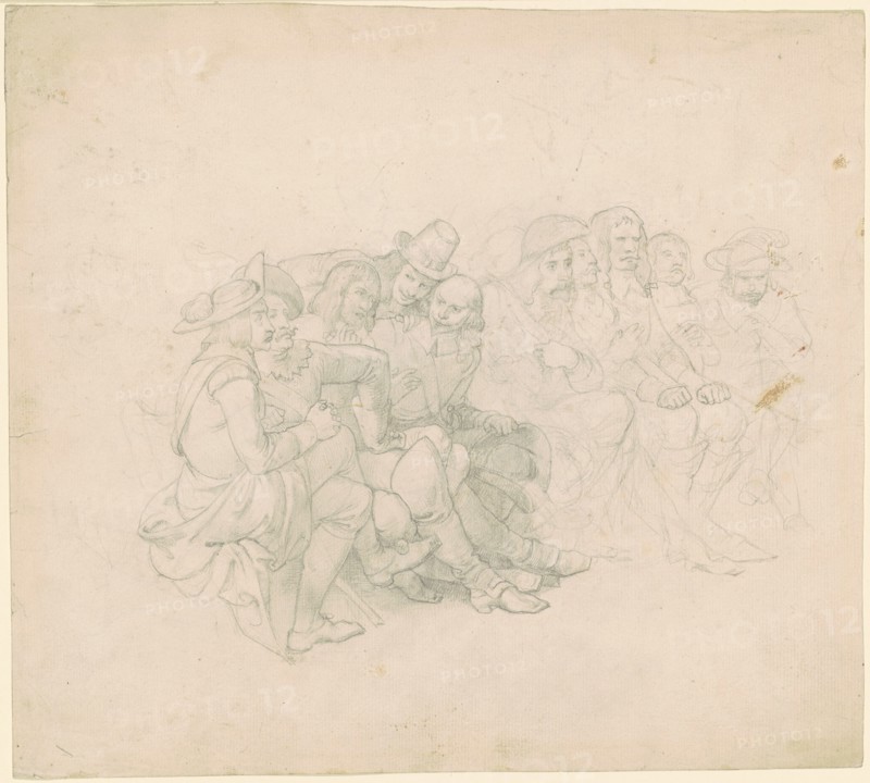 Men in Seventeenth-Century Costumes [recto], c. 1850s. Creator: Emanuel Gottlieb Leutze.