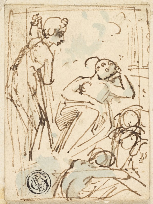 Sketch of Man Leaning on Staff, Looking at Sleeping Woman, n.d. Creator: Thomas Stothard.