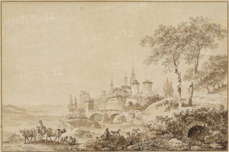 Shepherds in a Landscape before a Fortified Town, 1777. Creator: Jean Baptiste Le Prince.