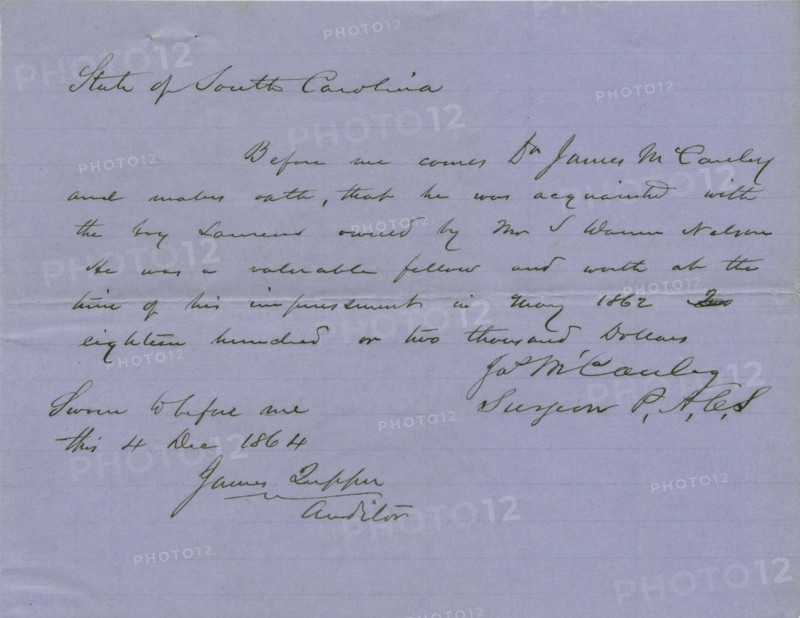 A valuation on Laurens, a slave, by a witness who knew him, 1864-12-04. Creator: Unknown.