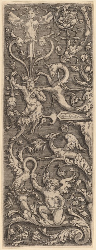 Ornament with a Cupid, a Satyr, and Grotesque Figures. Creator: Master of the Horse Heads.