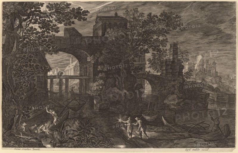 Nocturnal Landscape with River Fishermen outside City Walls. Creator: Aegidius Sadeler II.