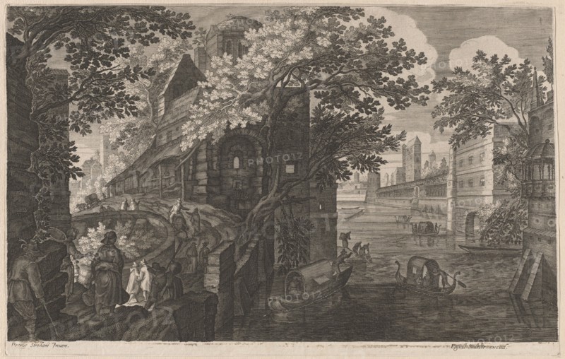 Gondolas on a River by a Palace, 1600/1615. Creators: Aegidius Sadeler II, Pieter Stevens.