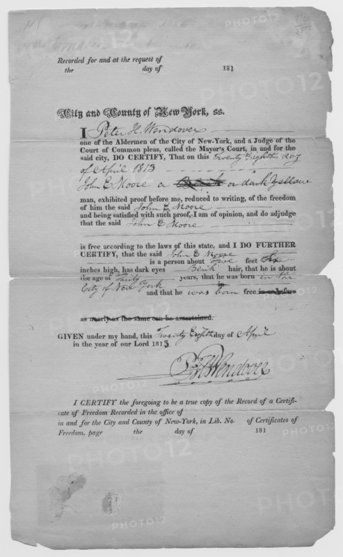 Certificate from County of NY of manumission for John Moore, 1813-04-28. Creator: Unknown.