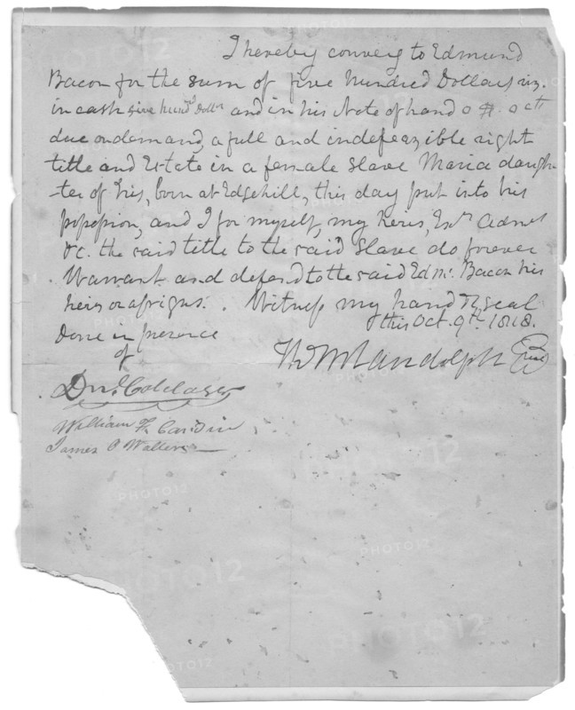 State's conveyance of $500 to Edmund Bacon for slave, Maria, 1818-10-09. Creator: Unknown.