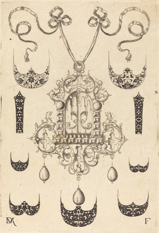 Pendant Surrounded by Seven Shields and Two Ornamental Bands, 1593. Creator: Daniel Mignot.