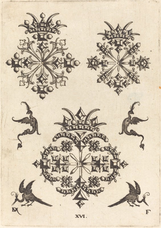 Three Brooches with Fantasy Birds at Left, Right, and Bottom, 1596. Creator: Daniel Mignot.