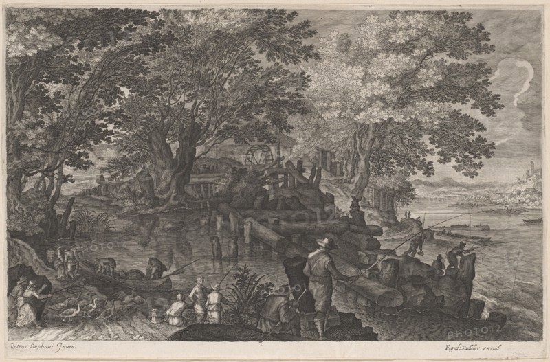 Fishermen by an Island Watermill, 1610/1615. Creators: Aegidius Sadeler II, Pieter Stevens.