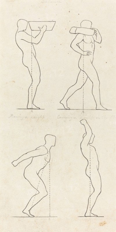 Bearing a Weight; Preparing to Jump, and Alighting, published 1829. Creator: George Scharf.