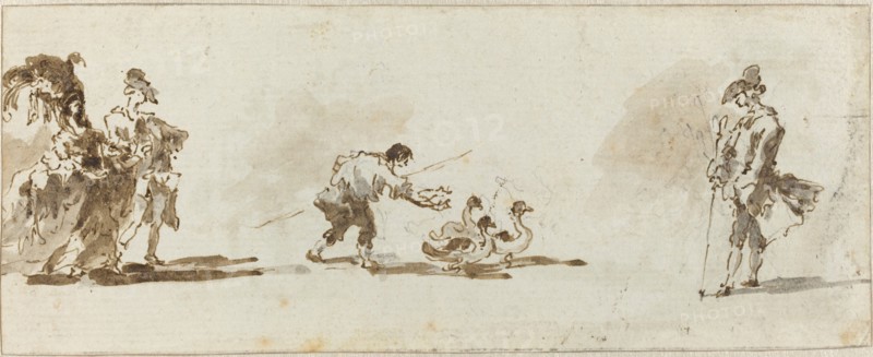 An Elegant Couple, a Gooseboy, and a Gentleman [recto], c. 1780. Creator: Francesco Guardi.