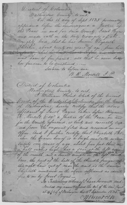 Affidavit certifying that Elizabeth Fletcher is a free woman, 1835-09-15. Creator: Unknown.