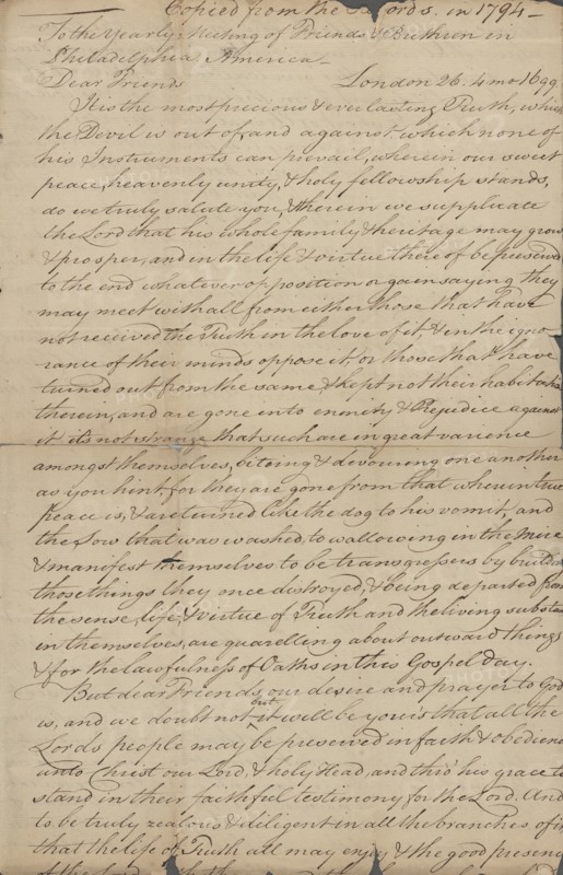 Epistle from the yearly meeting of Friends Brethren in Philadelphia, 1699. Creator: Unknown.